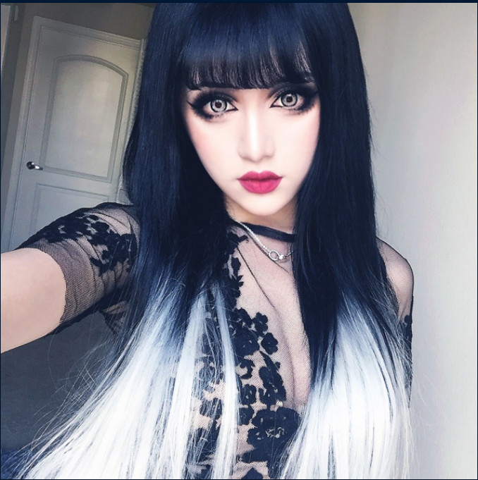 Women Black Silver White Wig with Bang Long Straight Hair Cos Daily Use Party