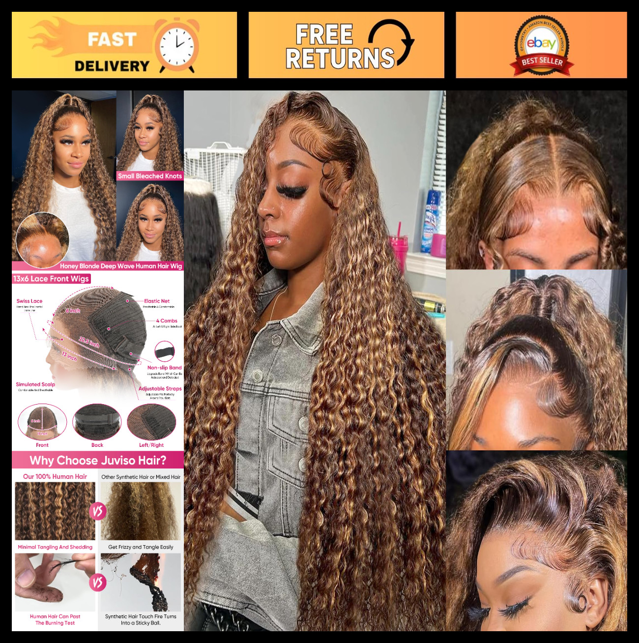 30″ Honey Blonde Deep Wave Lace Front Wig, Ombre Curly Human Hair, 200 Density