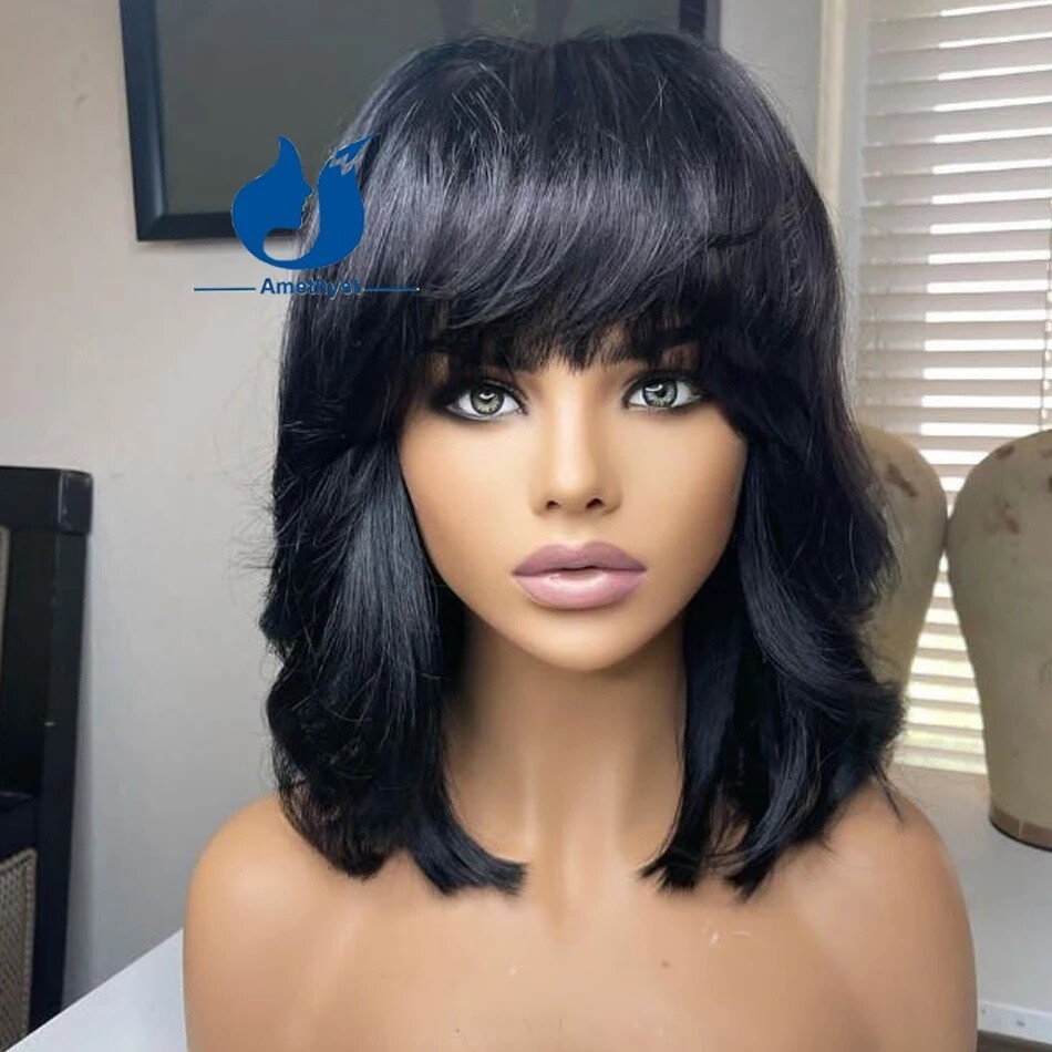 Layered Cut Short Bob Wavy Human Hair Wig With Bangs Full Machine Made Scalp Top