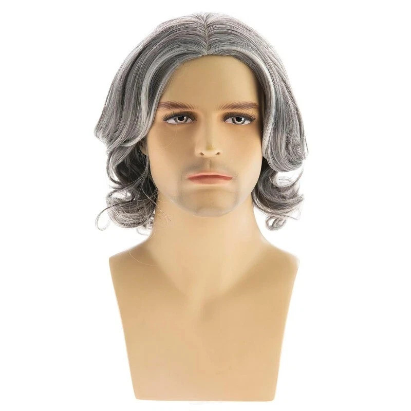 Men’s Curly Wig Male Daily Wear Hair Full Wig Dark Grey Men’s Wigs+Wig Cap