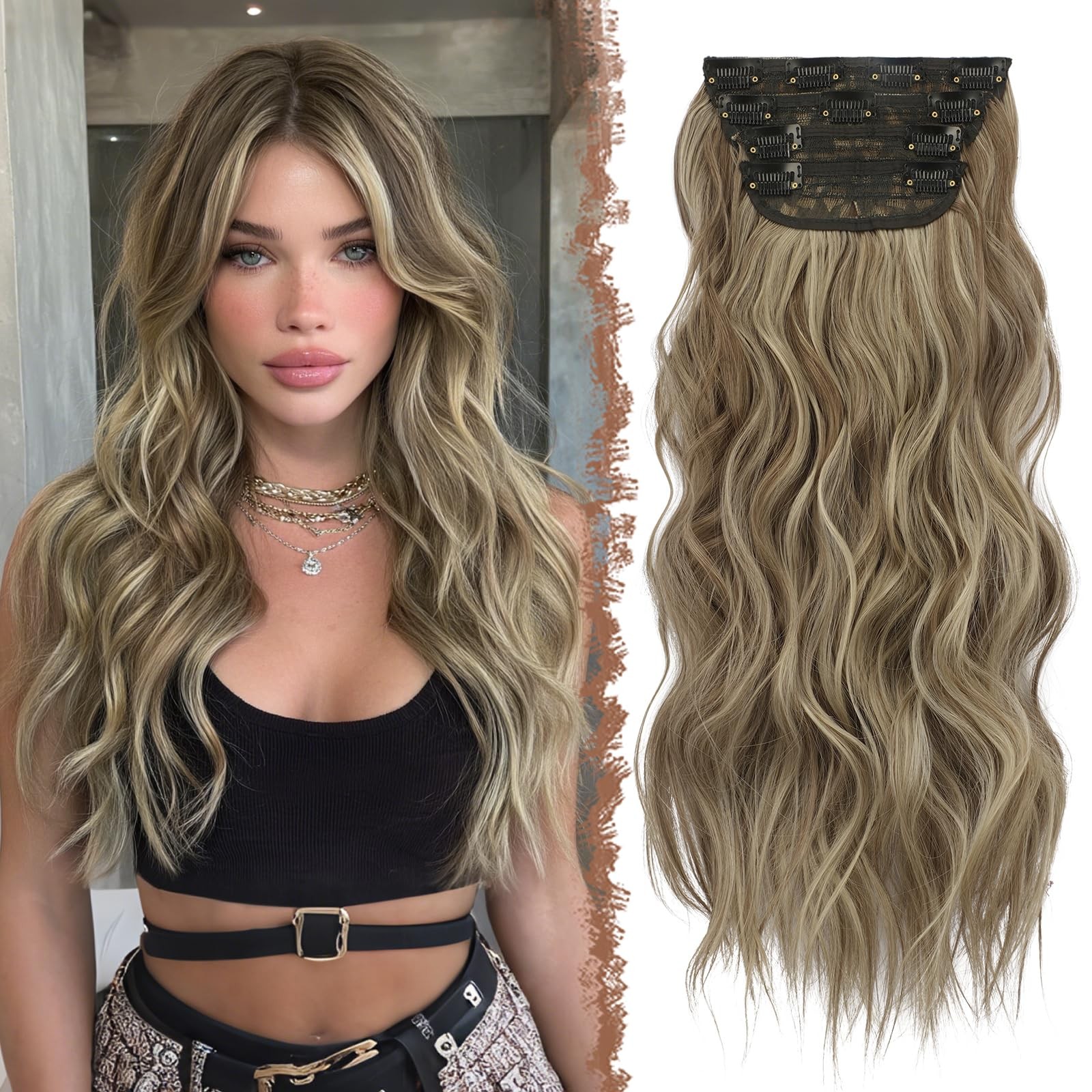 Feshfen Clip In Hair Extensions – 4 Pcs Long Wavy Thick Highlighted Clip In