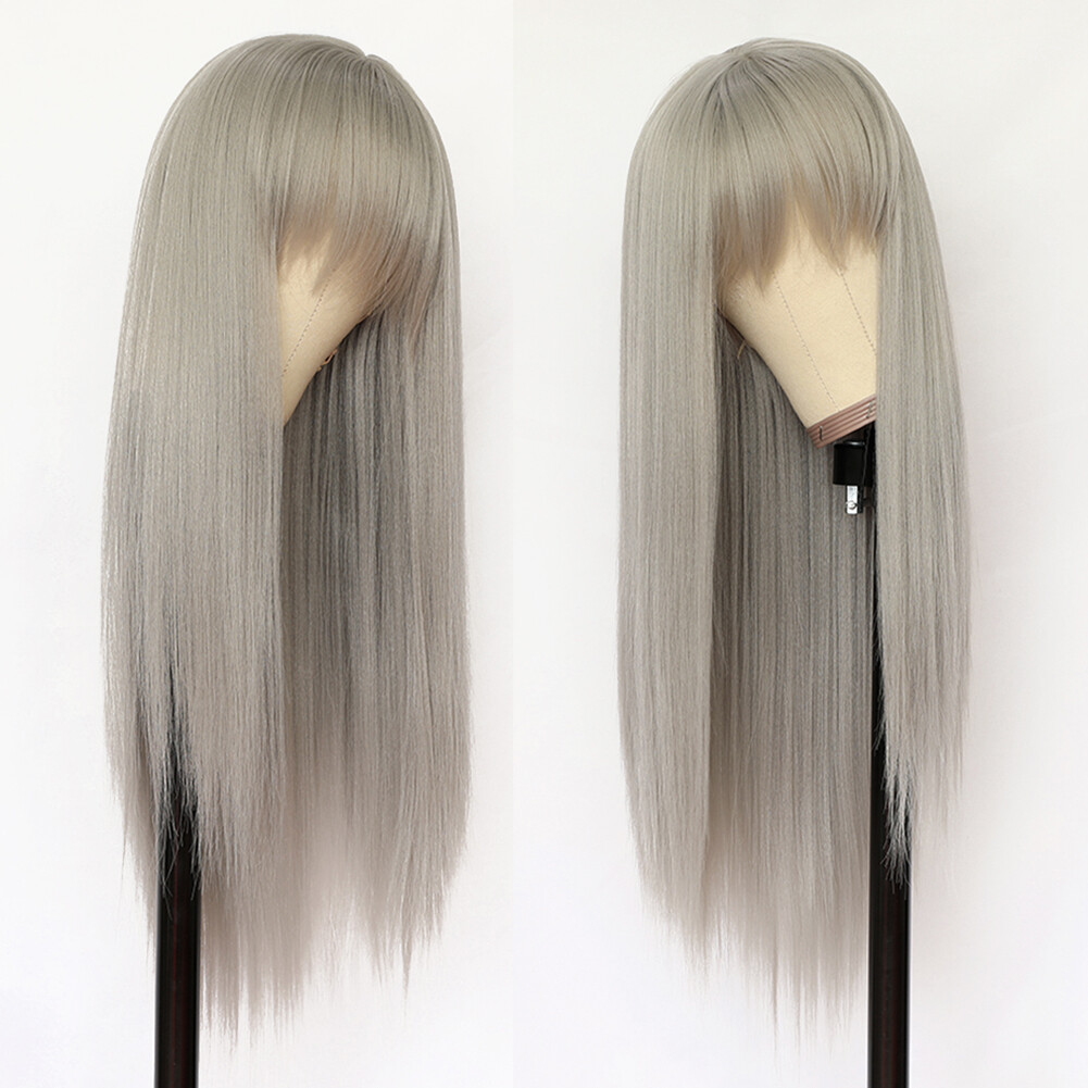 Women Full Neat Bangs Synthetic No Lace Wig Long Straight Heat Resistant Natural