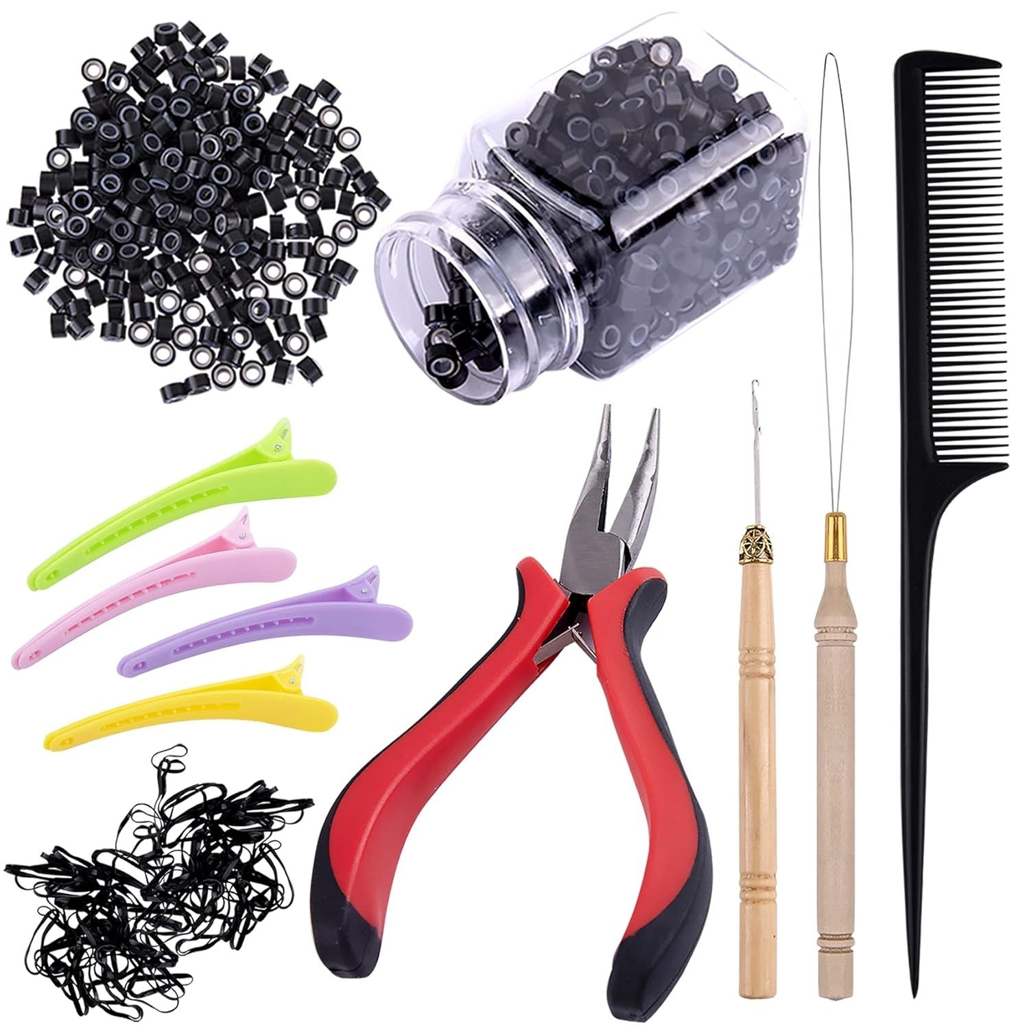 Hair Extension Kit w/ 500 Micro Beads, Tools, Clips, Comb & Rubber Bands