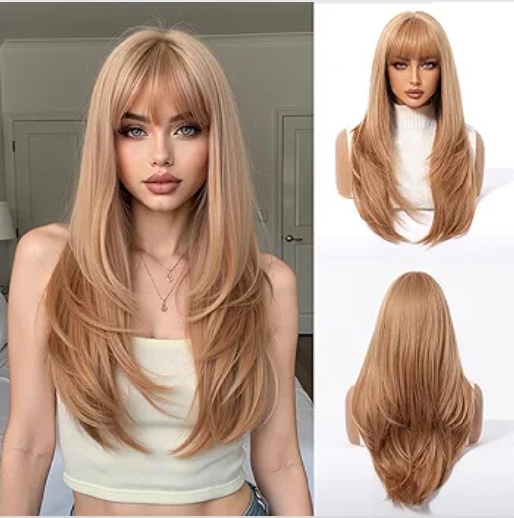 Strawberry Honey Blonde Long Straight Wig With Layers And Bangs