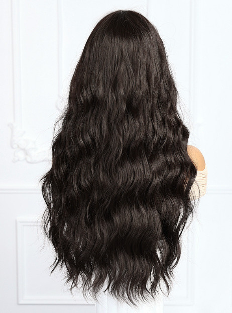 Long Wavy Black Color Synthetic Hair Wigs With Bangs Women Soft Natural