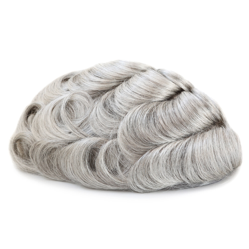 Toupee For Mens Human Hair Super Thin Skin Replacement System Hairpiece Grey BIO