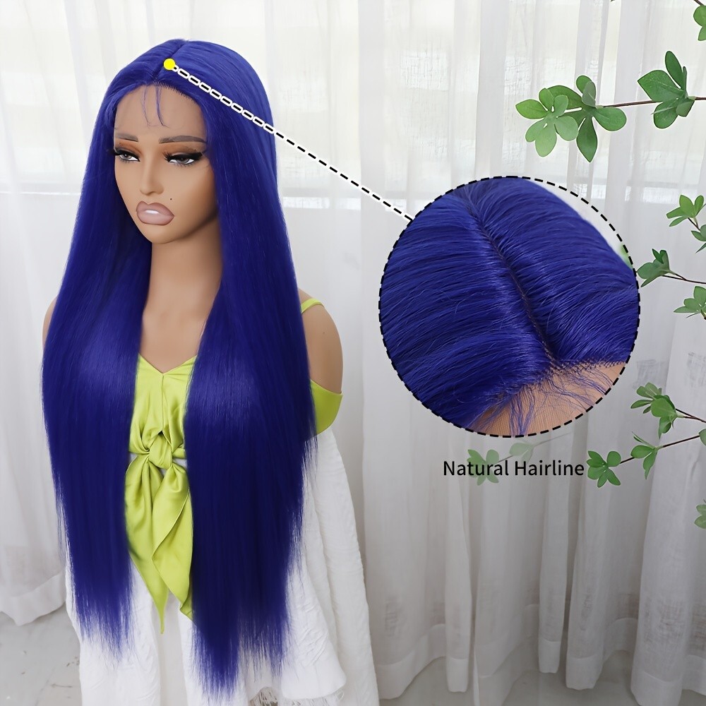 Dark Blue Hair Synthetic Lace Front Wigs 32 Inches Long Straight Heat Resistant