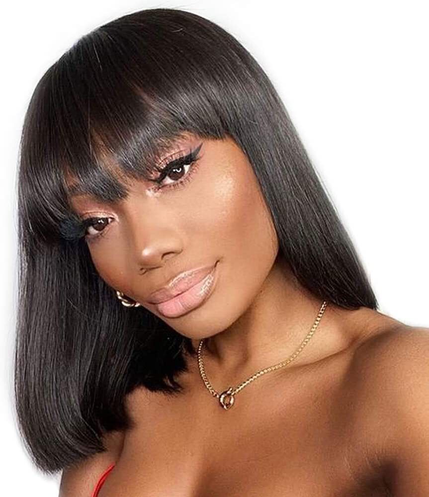10 Inch Short Black Bob Wig with Bangs Human Hair Straight Bang Bob Wig 2×1 Lace