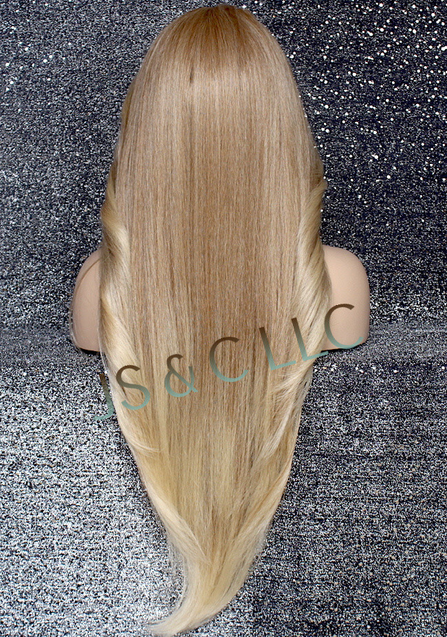 38″ Long Human Hair Blend Full Lace Front Wig Heat OK Blonde mix WEPC 27/613