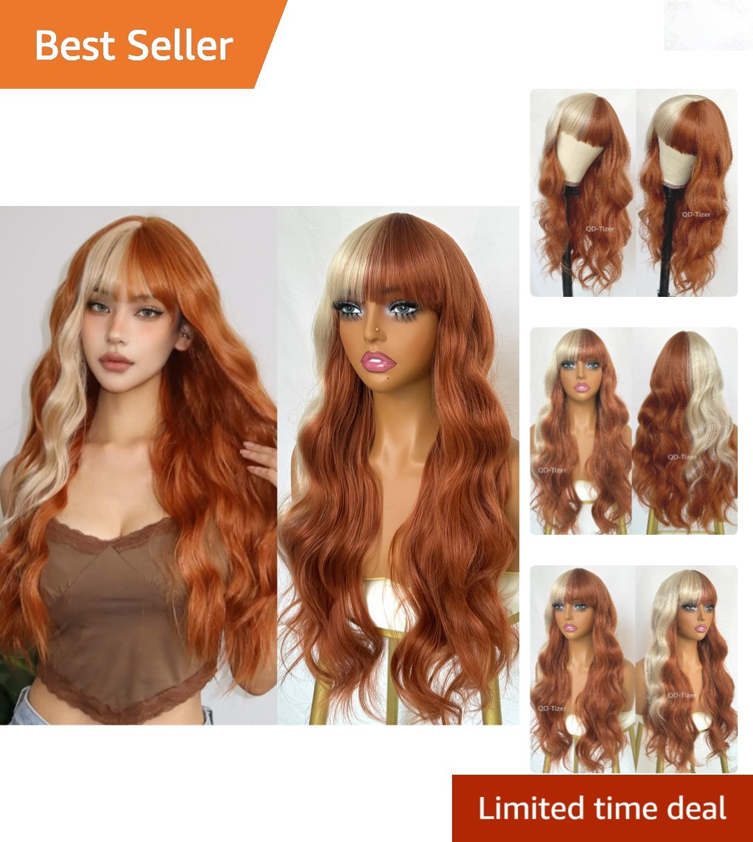 Blonde and Copper Synthetic Wigs Long Wavy Curly with Bangs for Cosplay and P…