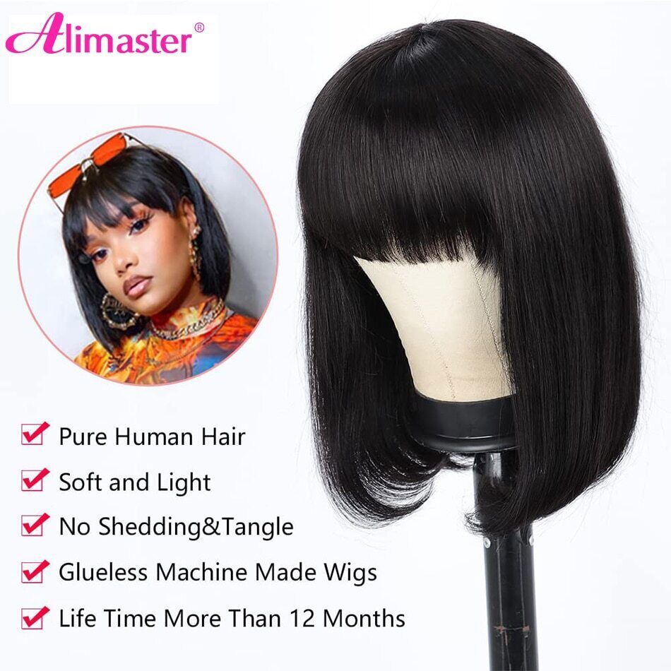 Straight Human Hair Wigs With Bangs Bone No Lace Full Machine Made Fringe Wig