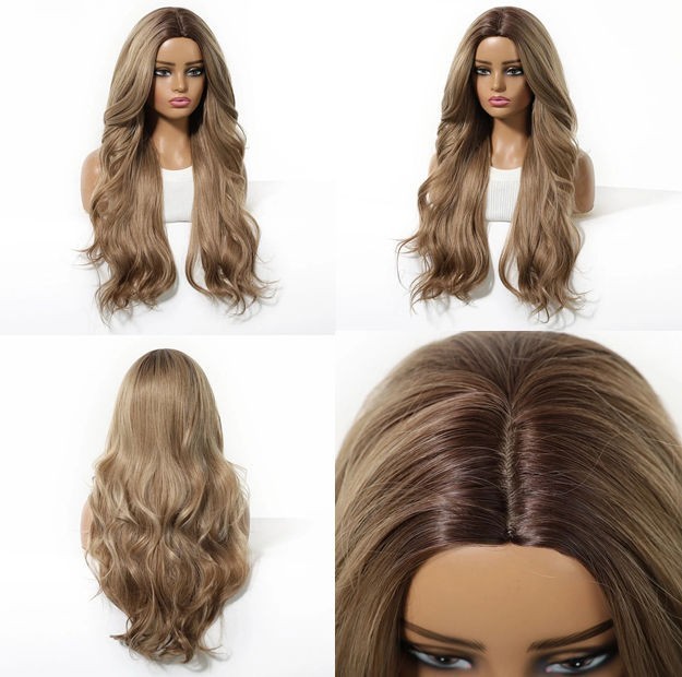 Long Curly Hair Ombre Blonde Human Hair Blend Heat Ok Women Natural Wigs 26In