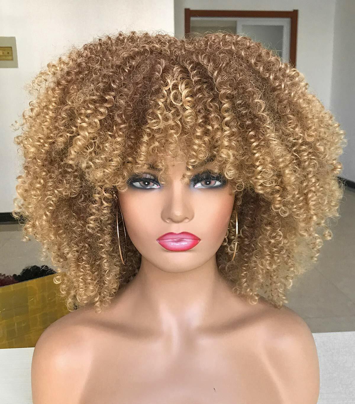 Curly Afro Wigs for Black Women Short Kinky Curly Wigs with Bangs Ombre Blonde