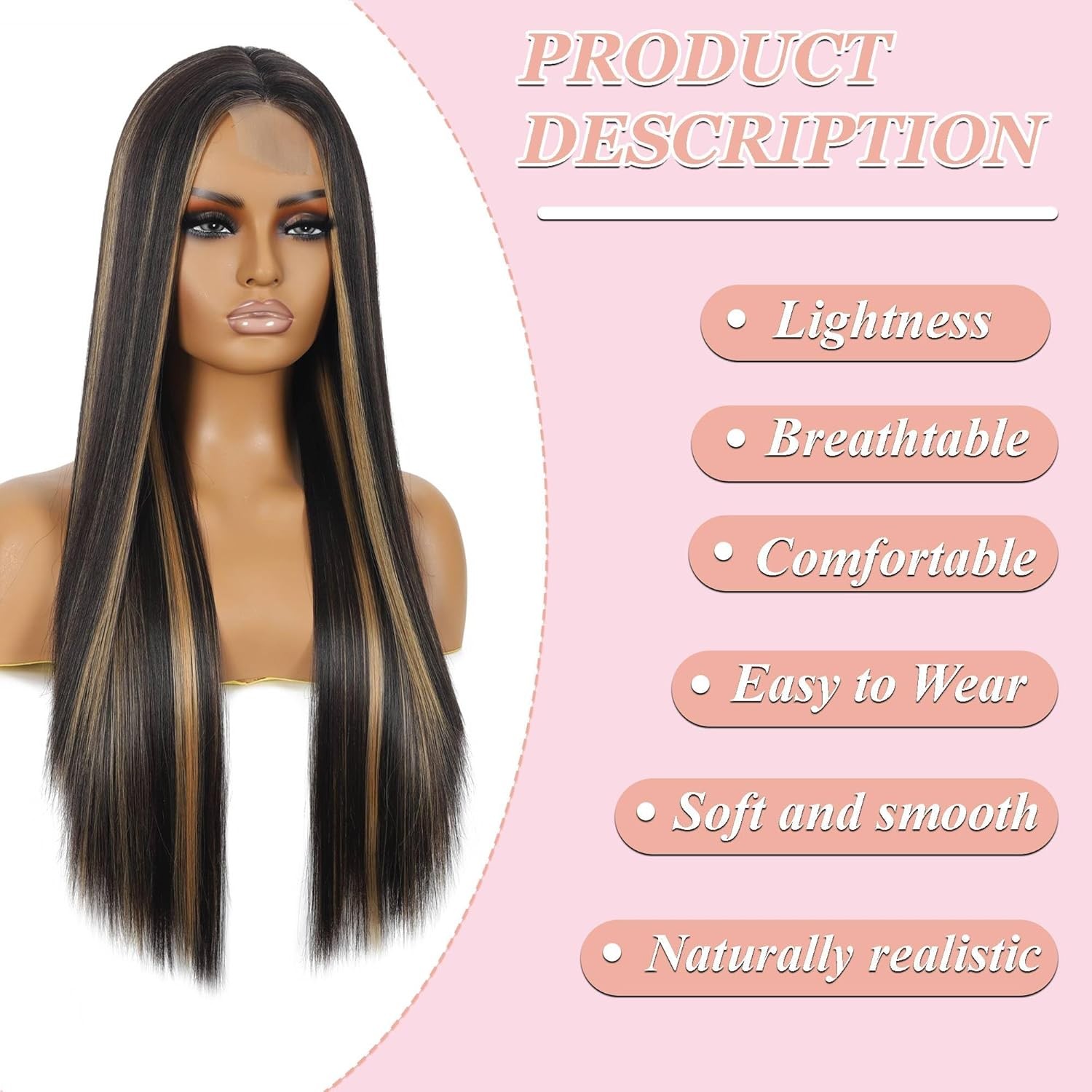 28 Inch Long Straight Synthetic Blonde Brown Wig With Highlights Middle Part