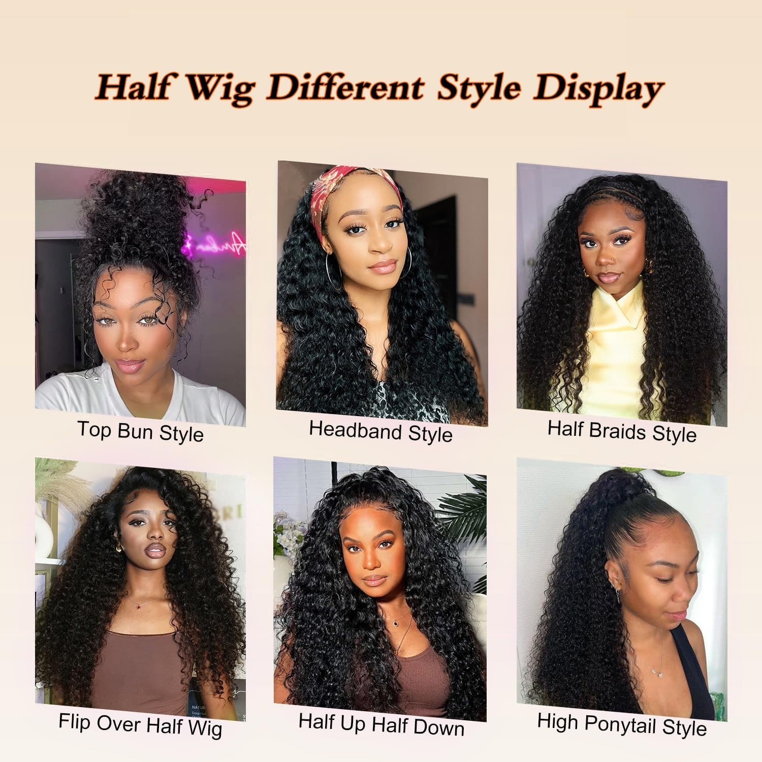 24″ Deep Wave Half Wig Human Hair – Curly Drawstring, Glueless, 180% Density, Na
