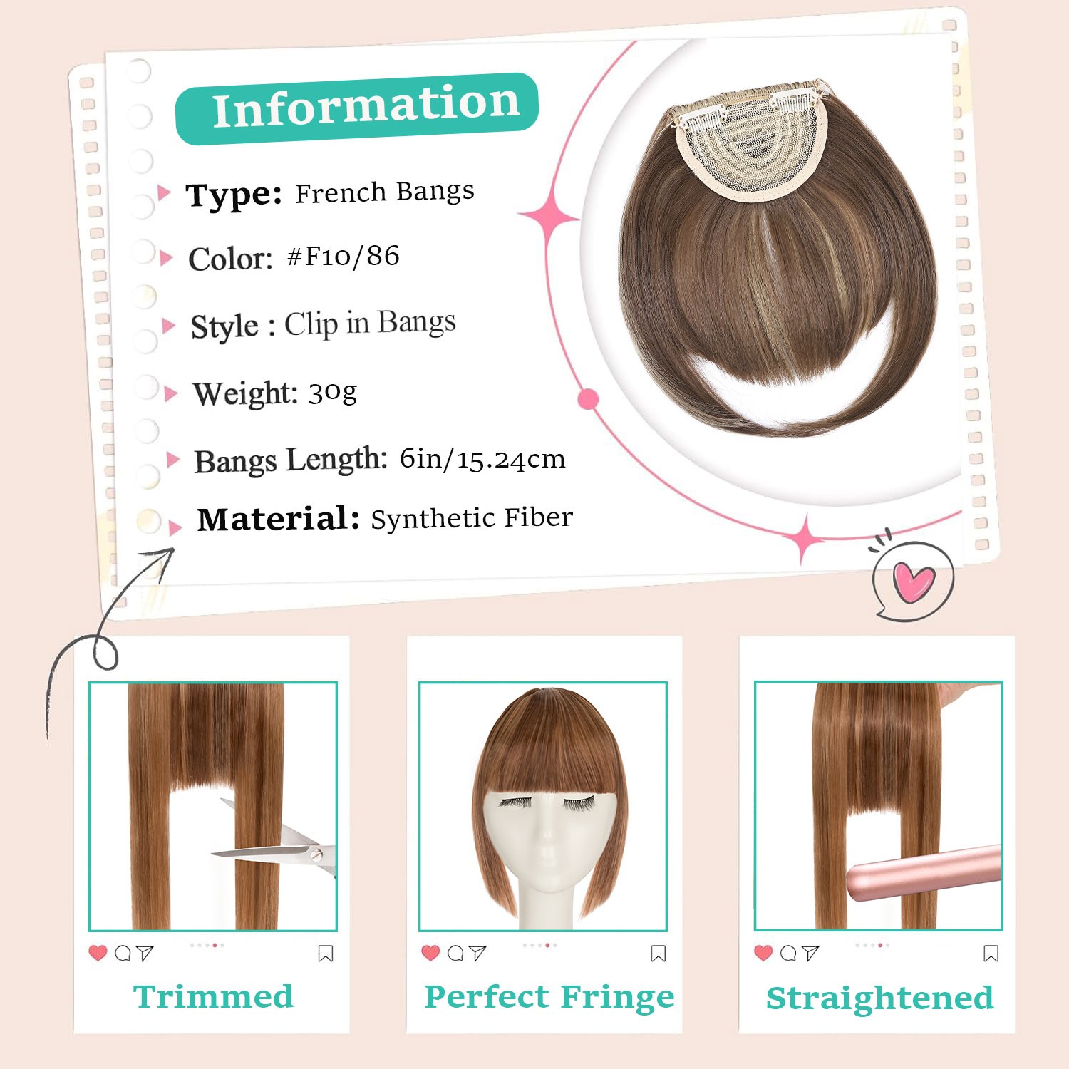 6” Straight Thick Hair Neat Bangs Clip In Fringe Front Hair Extensions Christmas