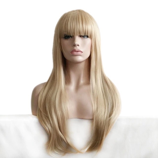 Custom Natural Light Blonde Full Straight Bangs Highlights Layer Wavy Womens Wig