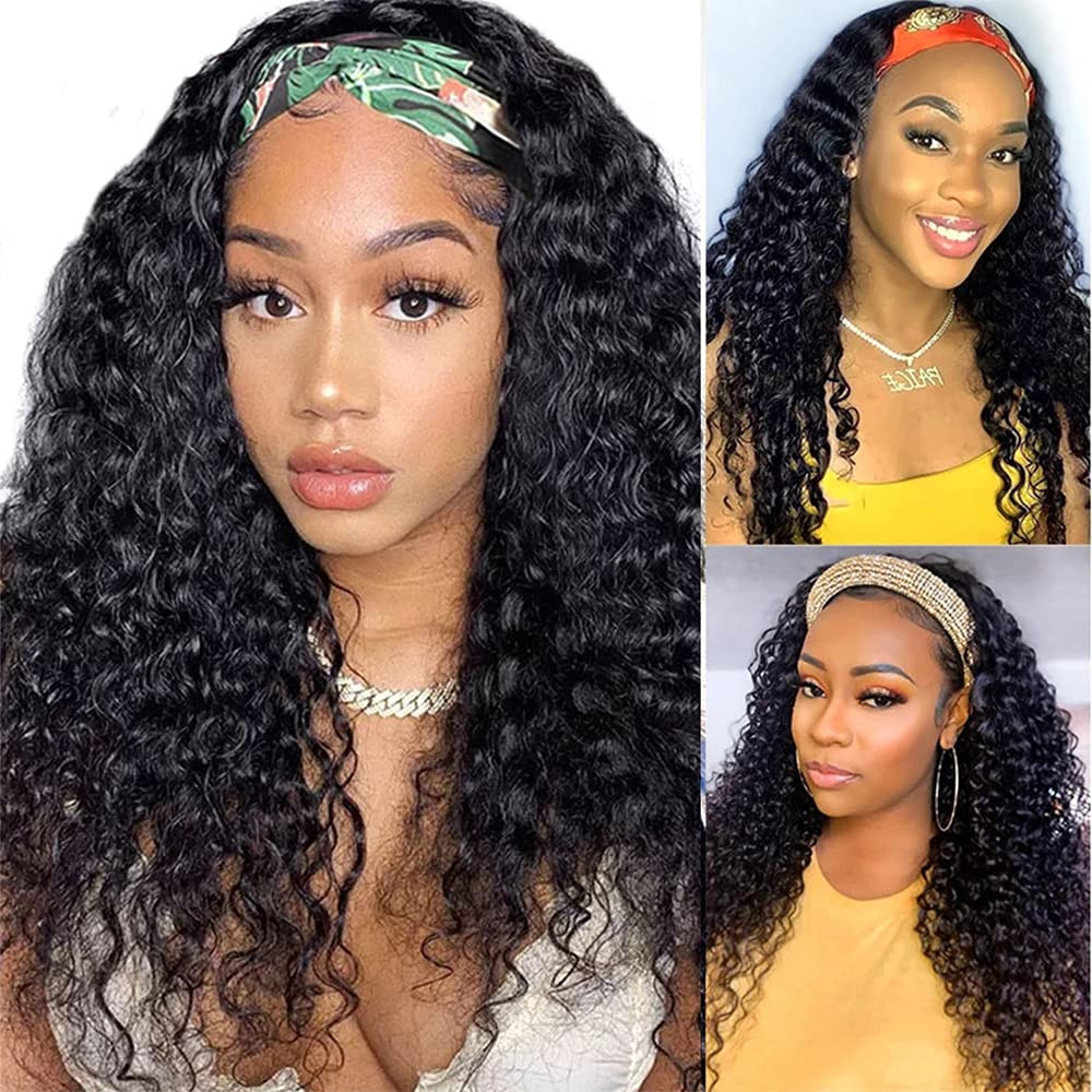 Headband Wig Human Hair Deep Wave 16 Inch Wigs for Black Women Glueless None Lac