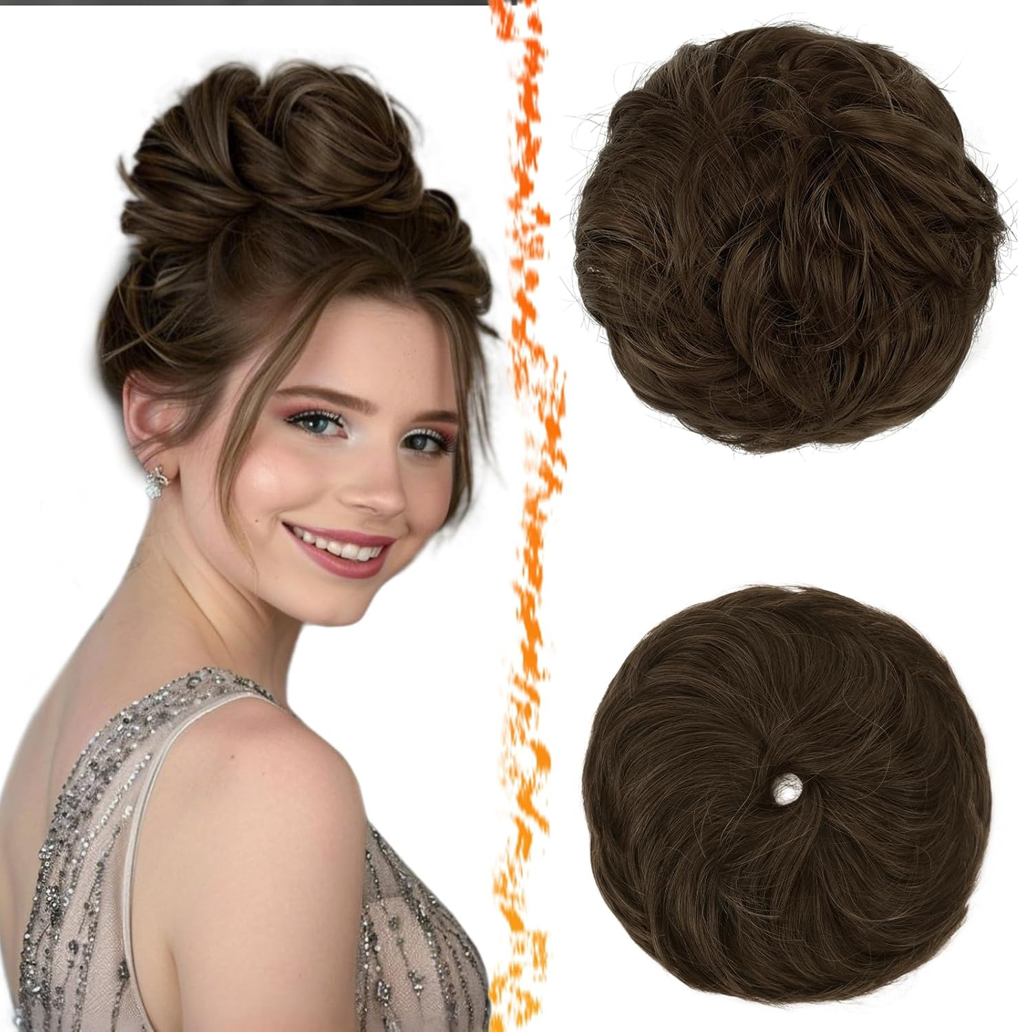 2 PCS Brown Messy Bun Hair Pieces – Elastic Chocolate Brown Messy Bun Scrunchies