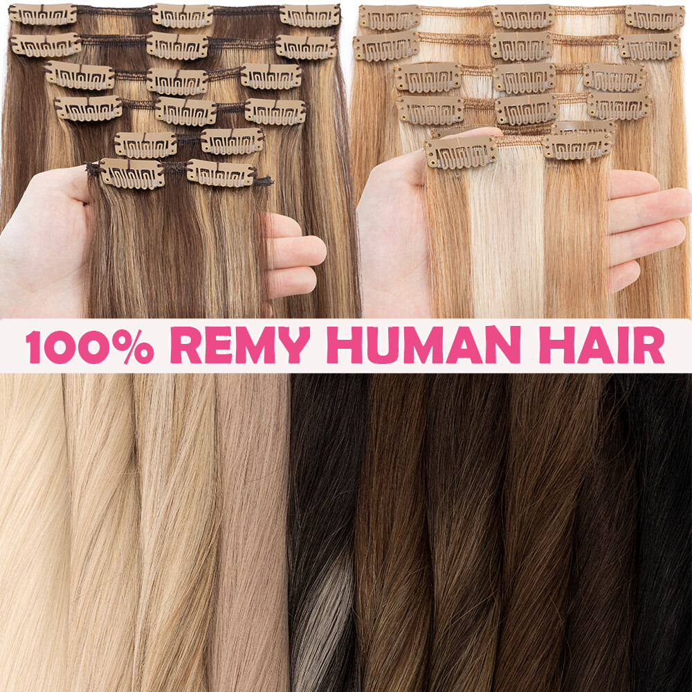 100% Soft Clip In Remy Real Human Hair Extensions Full Head 8PS Weft Black Brown