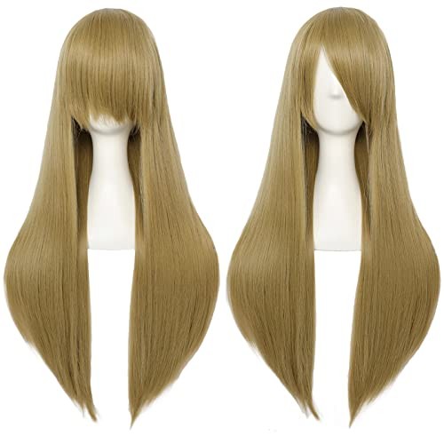 Anogol Hair Cap+32Inch/80cm Blonde Wig With Bangs Peluca rubia Straight Wig For
