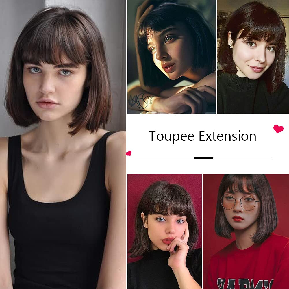 Black 10 inch Short Topper Hairpiece with Bangs Toupee Extension Real as Human