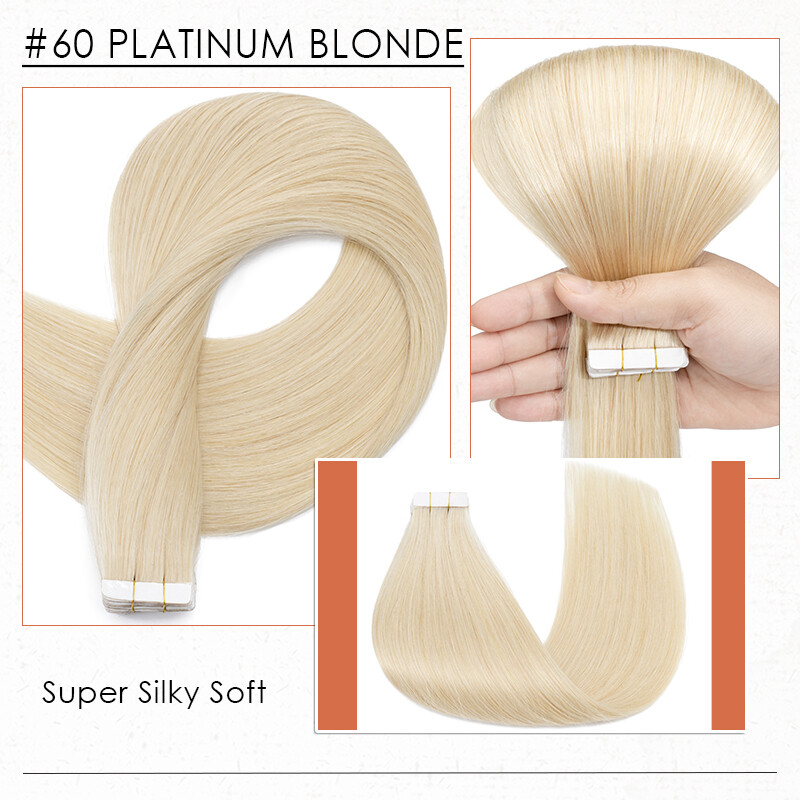 #60 Platinum Blonde Tape In Human Hair Extensions Russian Remy Skin Weft HAIRRO