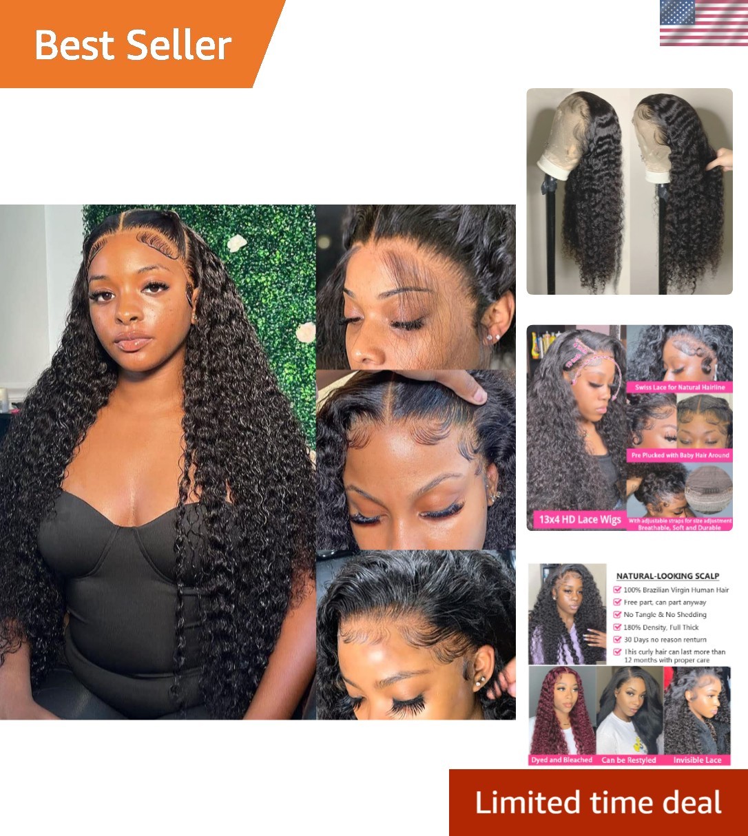 13×4 Deep Wave Human Hair Lace Front Wig 26 Inch Natural Color