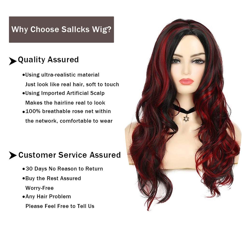 Sallcks Black Red Wig for Women Long Wavy Highlights Layered