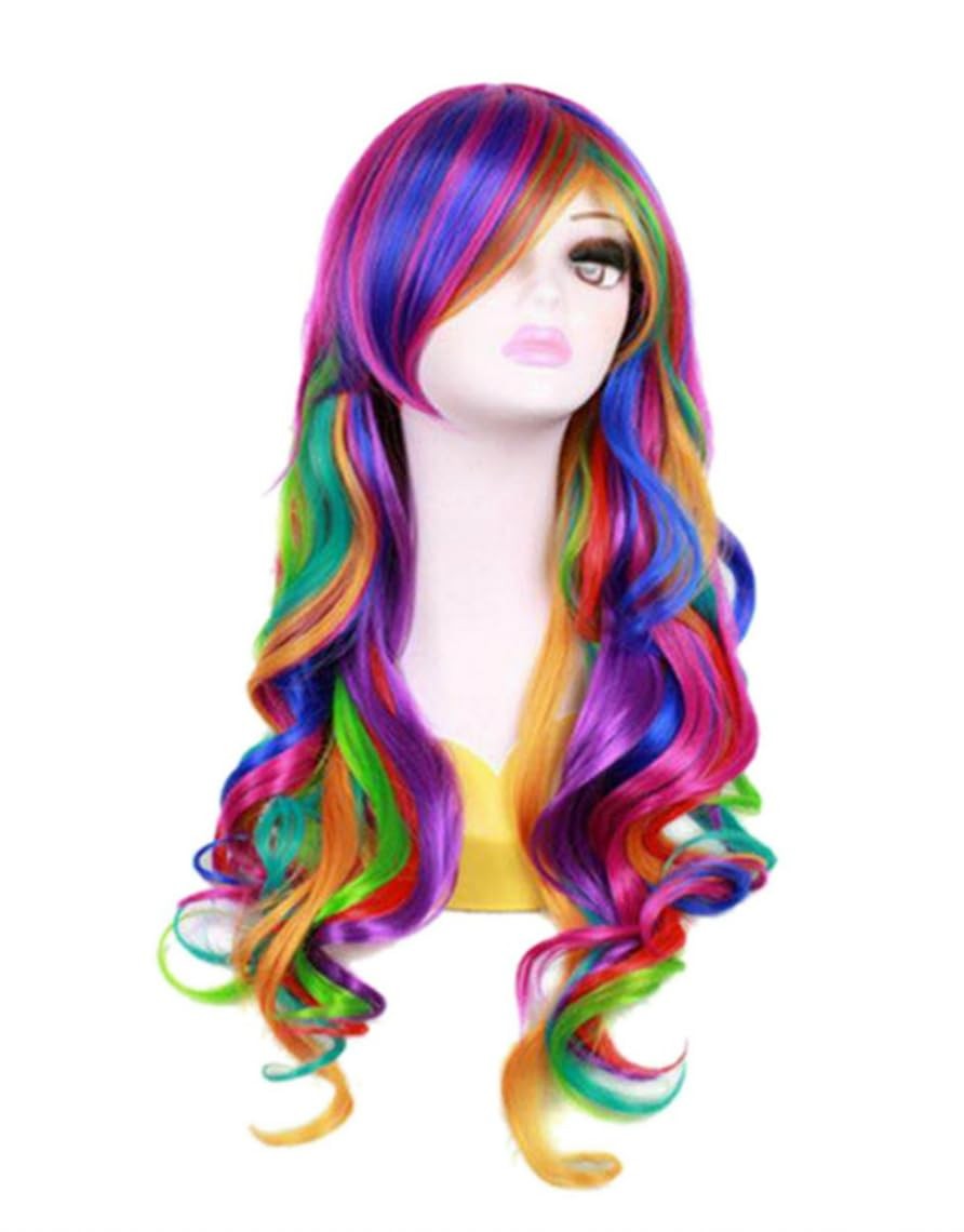 Women Long 27.56”/70cm Rainbow Curly Wig, Colorful Wavy Cosplay Heat Resista…