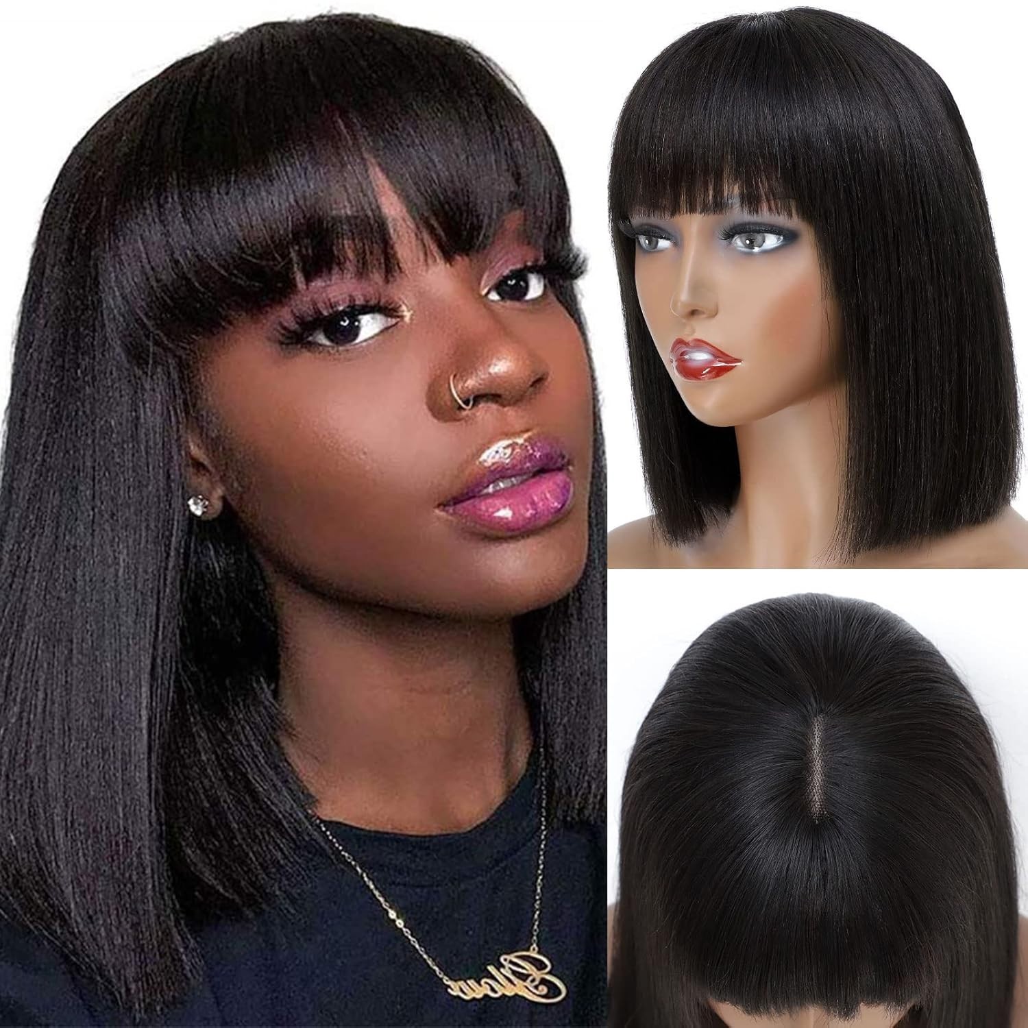 Short Bob Wig with Bangs Human Hair Glueless Lace Bob Wigs 2X1 straight Wig