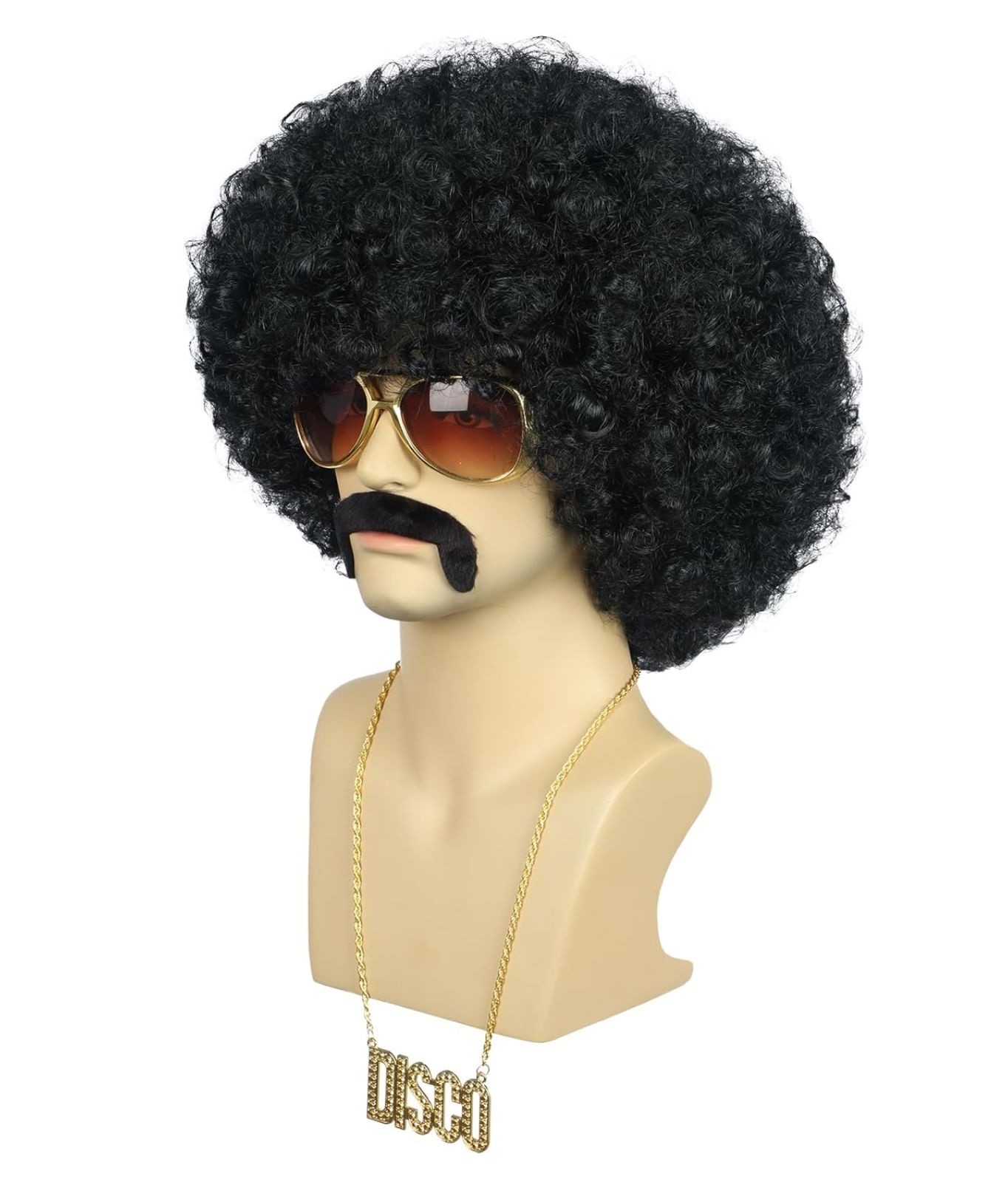 Men Women Unisex Short Curly Black Wig with Mustache Golden Necklace Glasses 60s