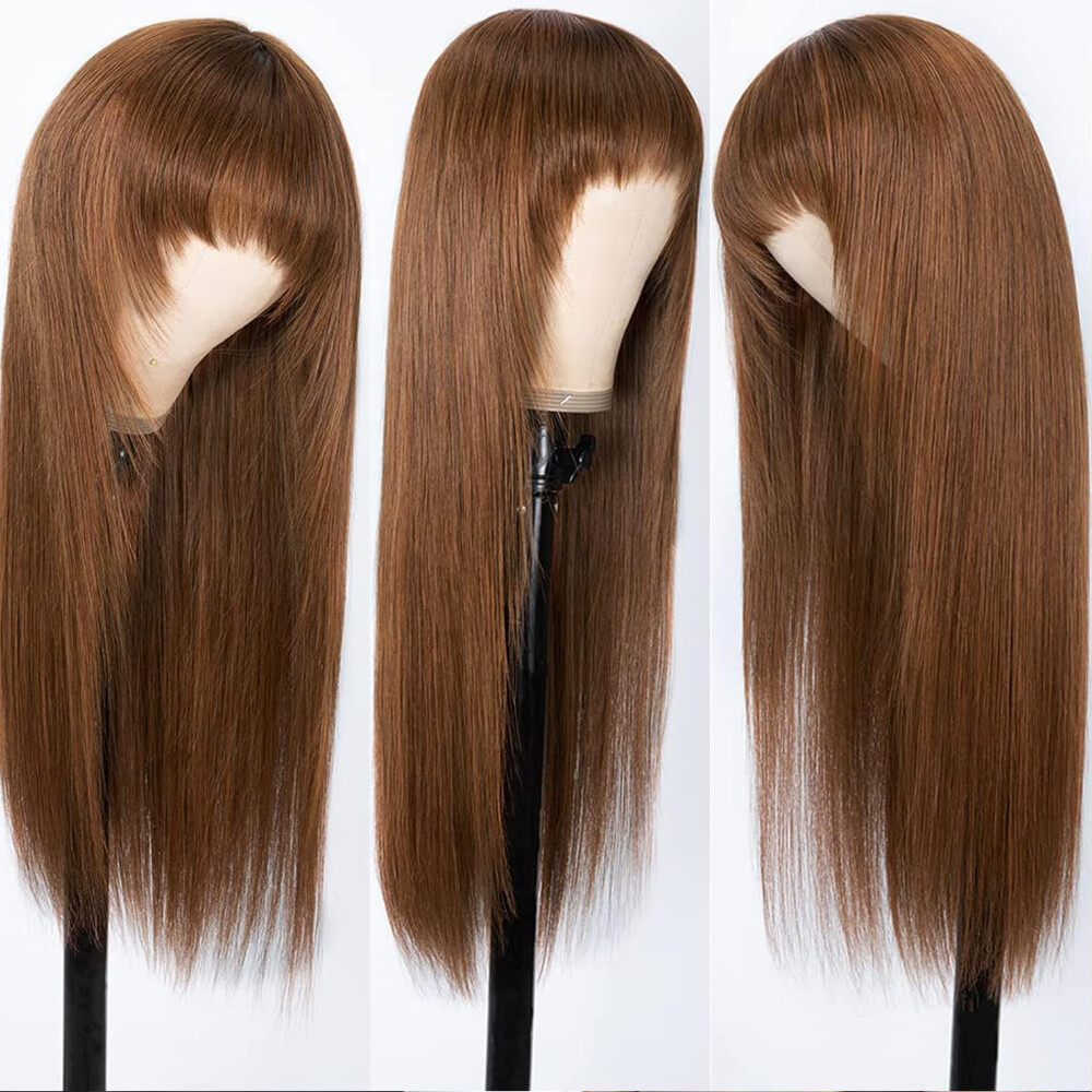 UNice Brazilian Brown Yaki Straight Human Hair Wig with Bang Lace Wigs Layer Cut