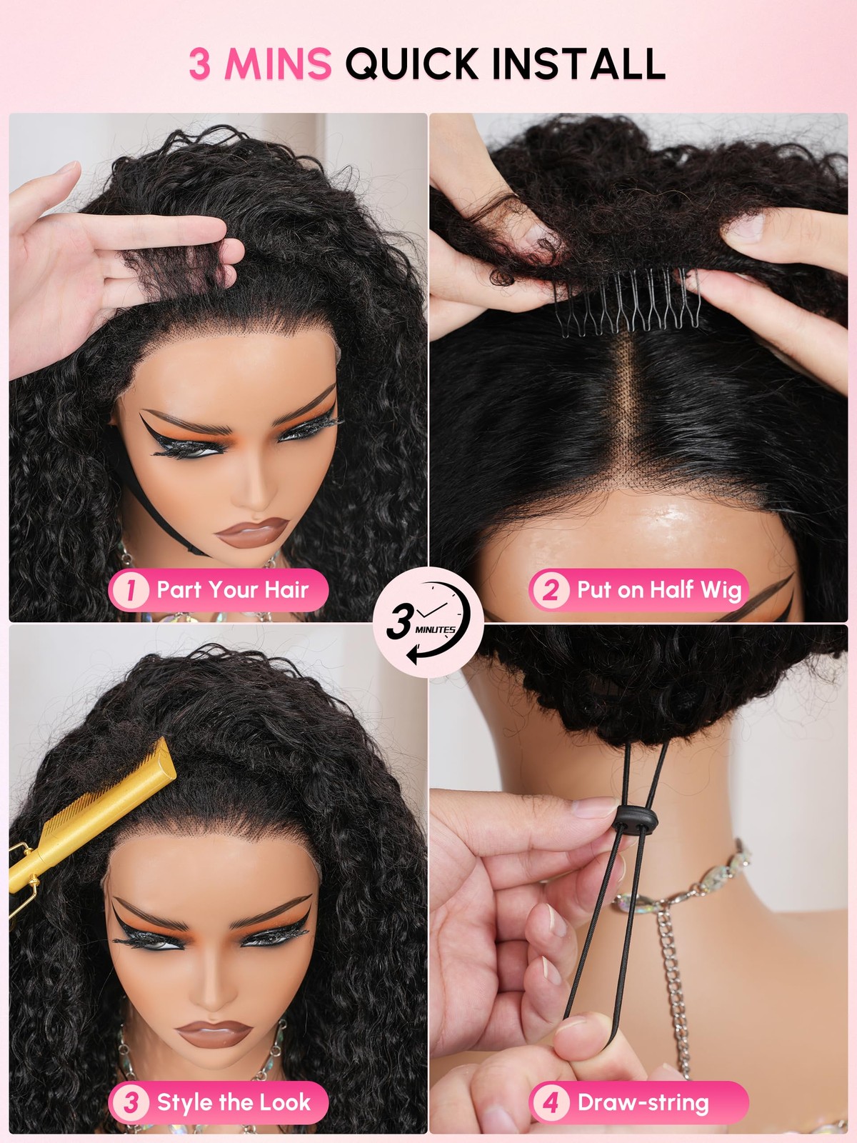 Shangyinfa 180 Density Half Wig Water Wave Human Hair Drawstring Pre Blend 4C