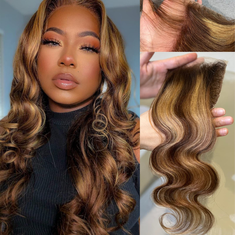 Alher Honey Blonde Highlight Ombre 4/27 Body Wave 4X4 Closure Brown Ombre Color