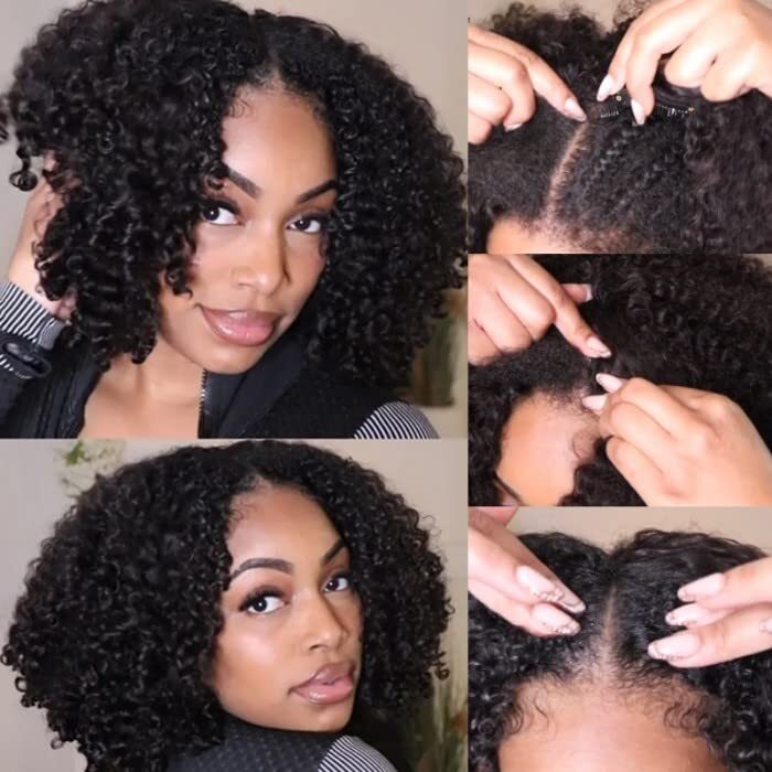 UNice Cambodian 4C Kinky Curly V Part Front Human Hair Wigs Glueless Wear and Go