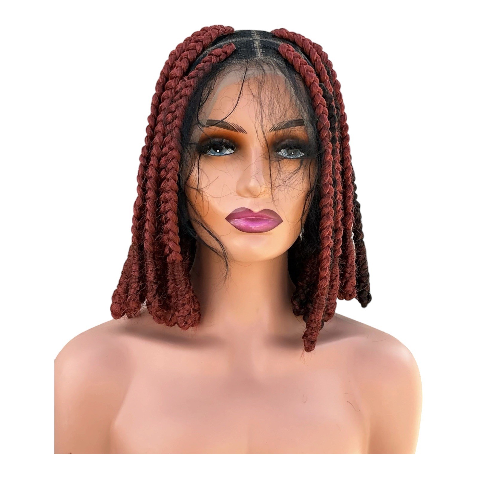 Handmade Burgundy Black Braided Bob Wig Lace Front Box Braids Ready to Wear