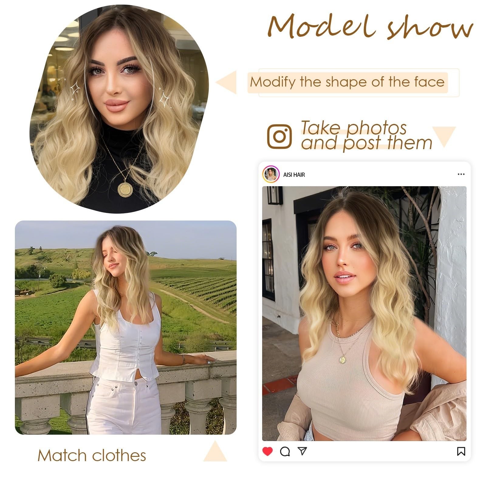 AISI HAIR 【Beginner Friendly Wigs Ombre Blonde Wig for Women Medium Length Wave