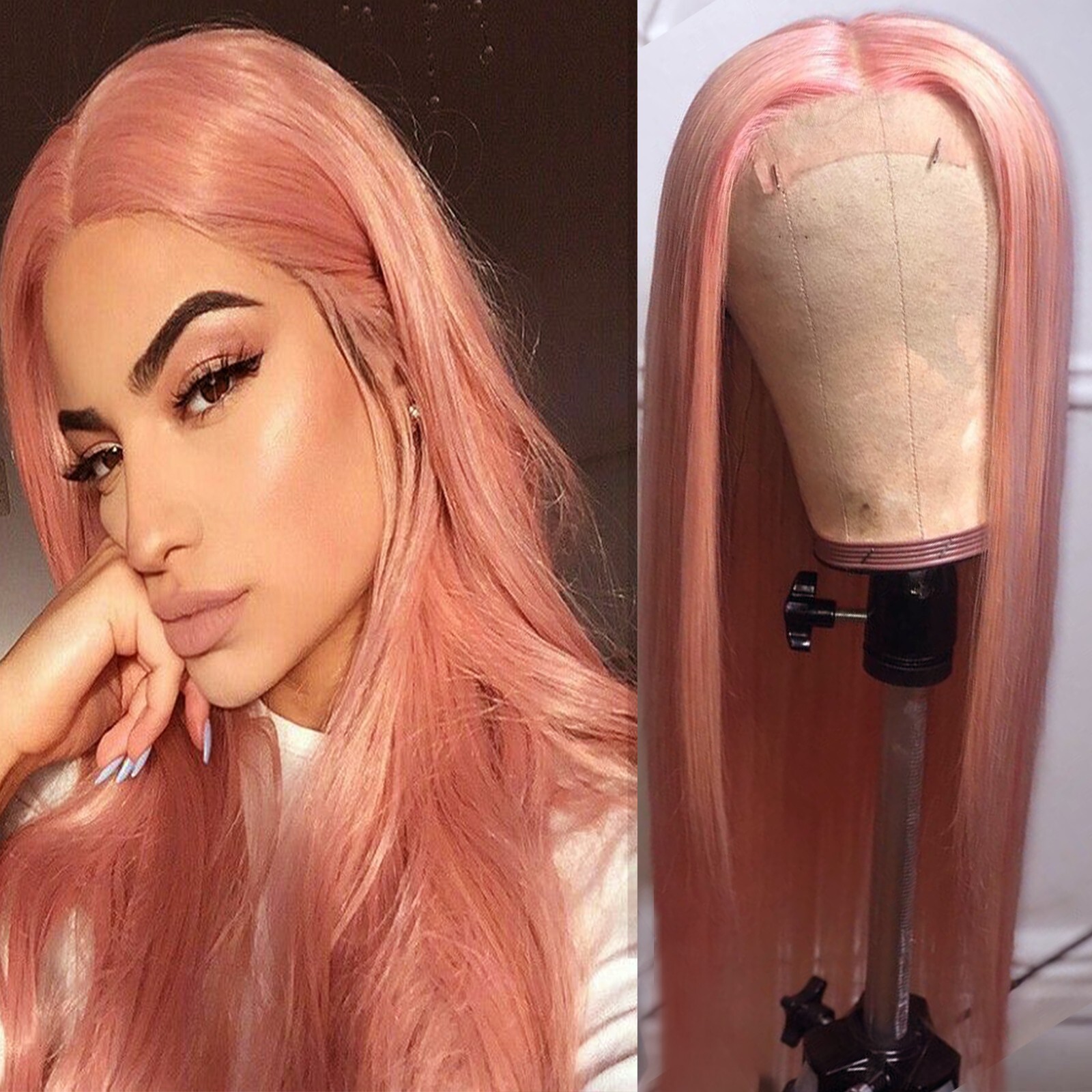 Pink Lace Front Wigs Long Straight Hair Heat Resistant Glueless Pre Plucked Soft