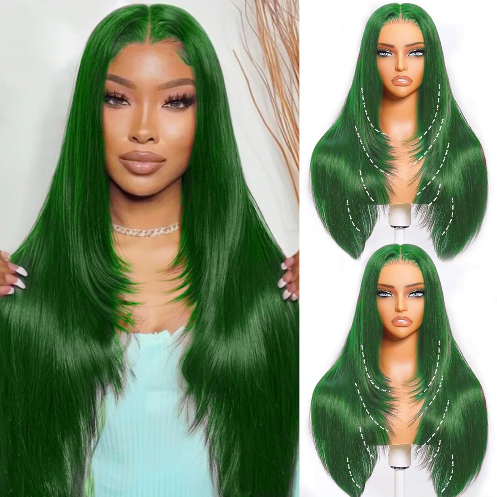 Colorful Bird Dark Green Straight Layered Cut Wig Human Hair Wear And Go 13X6