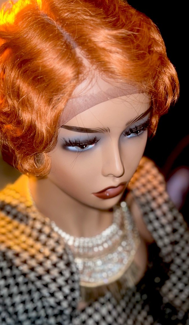 LACE 100% HUMAN HAIR WIG GINGER COLOR FINGER WAVE LIGHT DENSITY 6” PARTING NEW