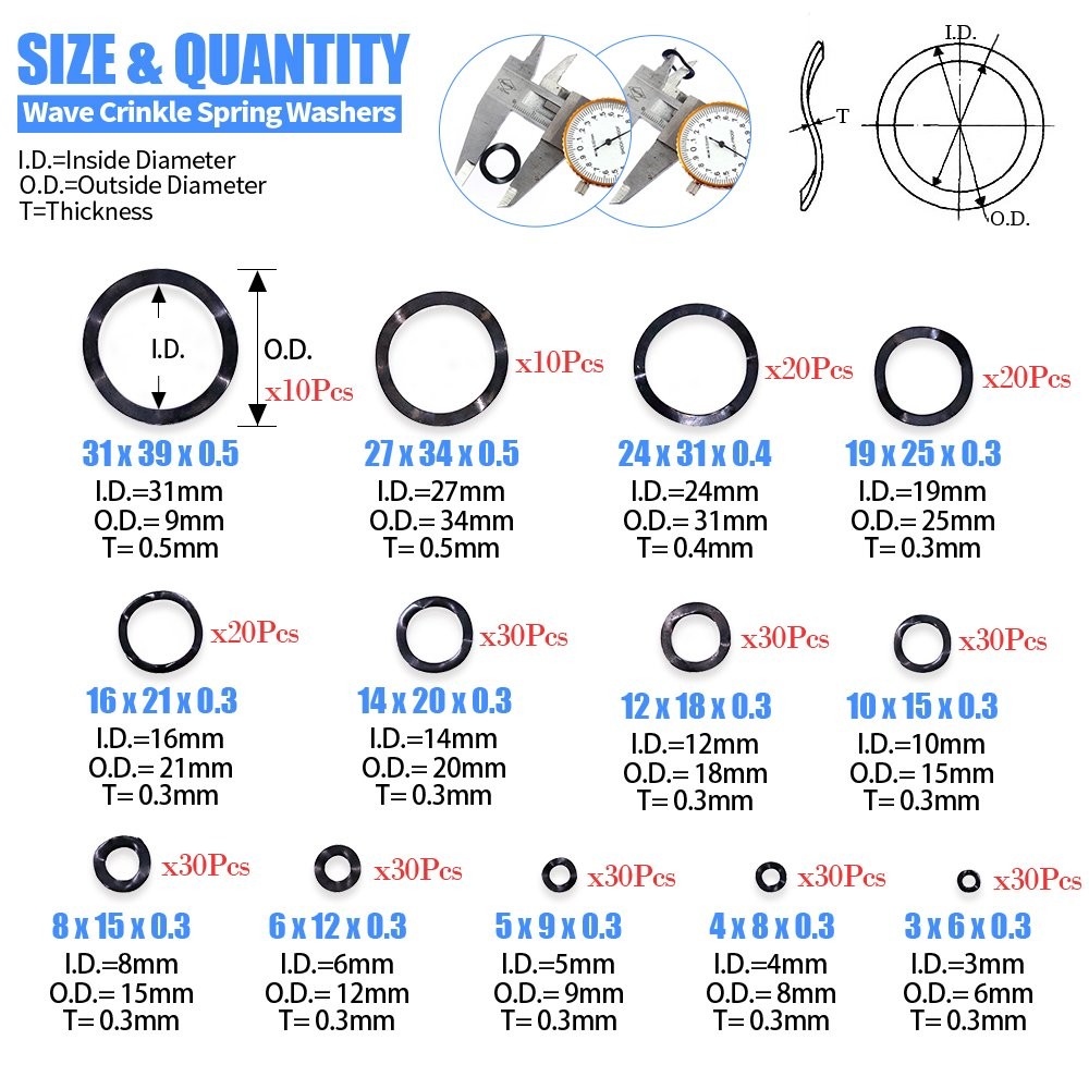 Glarks 320Pcs Carbon Steel Compression Type Wavy Wave Crinkle Spring Washers Ass