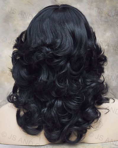 farrah fawcett Glamorous New Big open Wavy Off Black Wig Medium CA 1B
