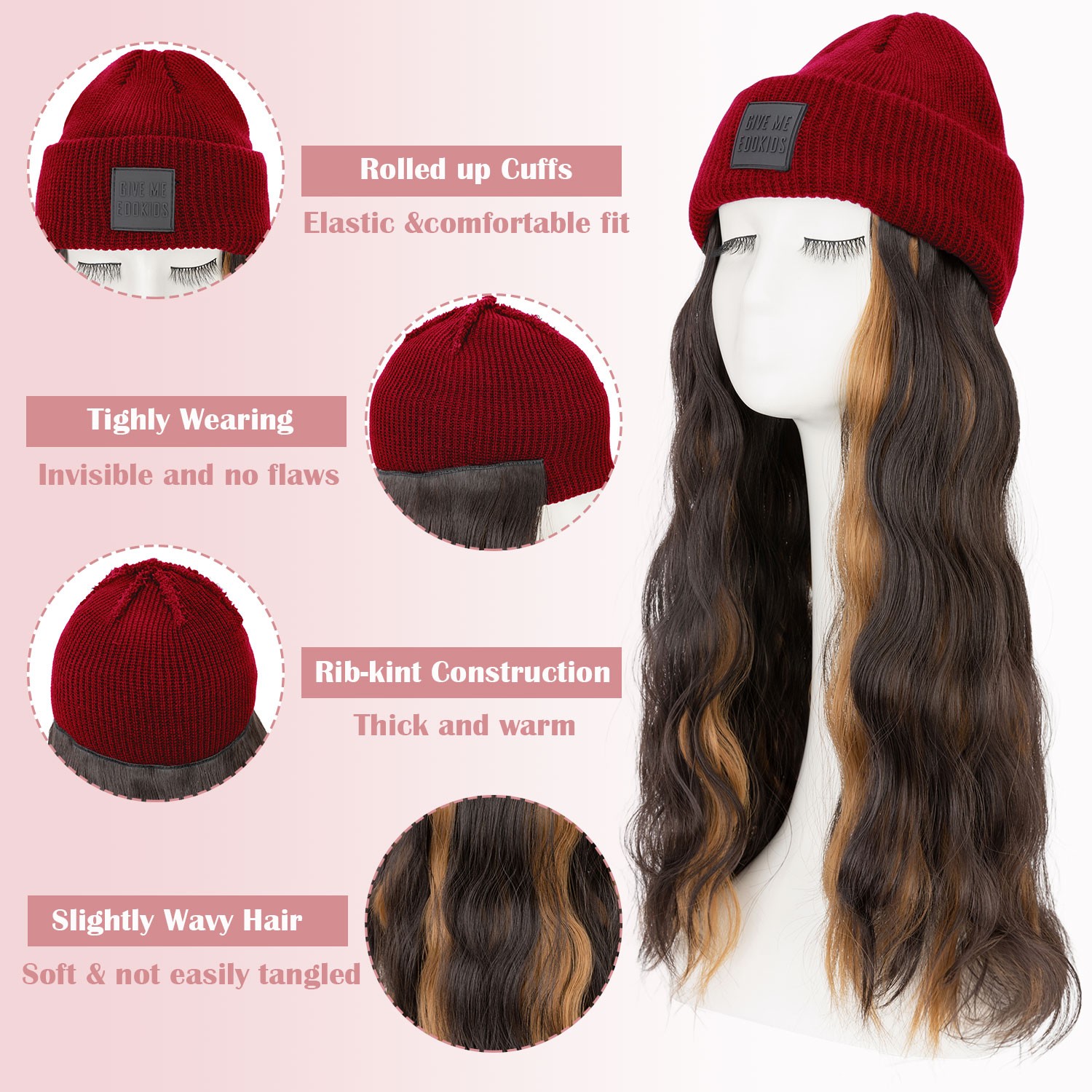 Winter Synthetic Women Long Wavy Beanie Knitted Hat Wig with Synthetic Hair Wigs