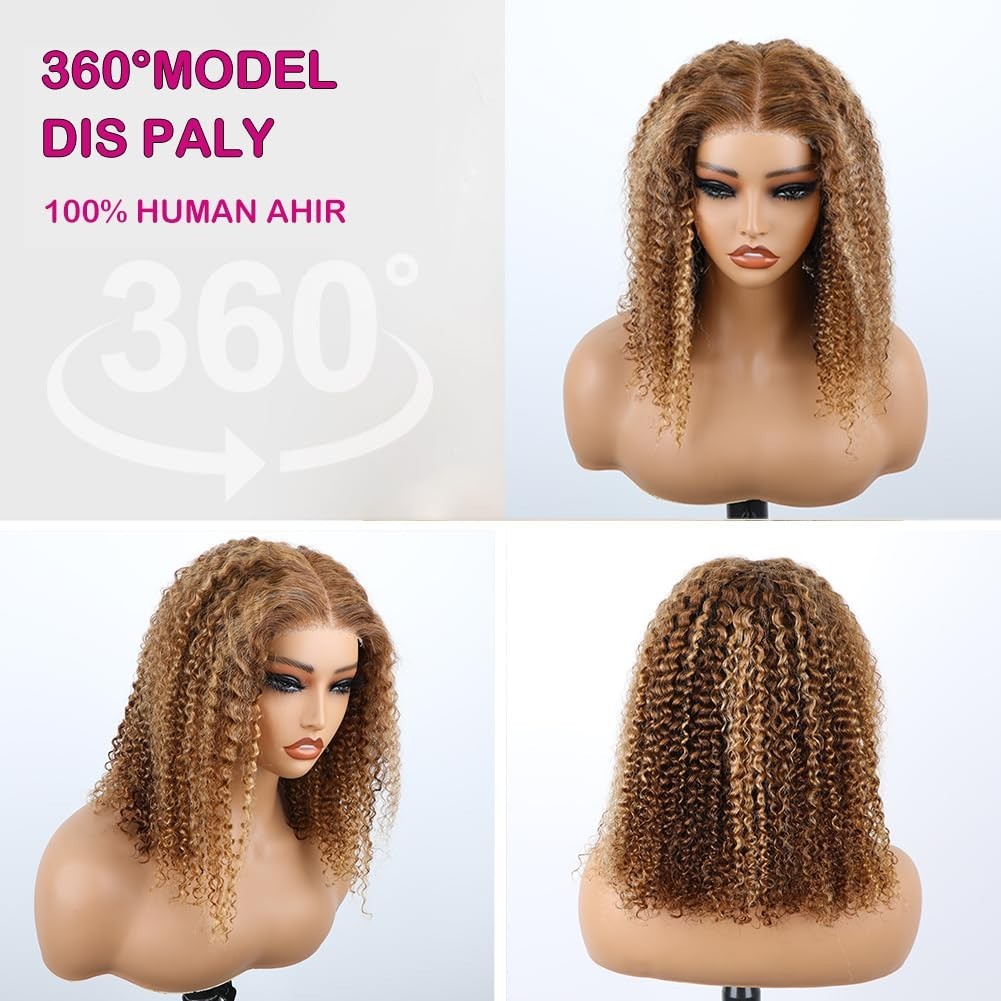 14″ Kinky Curly Glueless Wig Ombre Highlight 4/27, Pre-Cut Lace, Human Hair, 200
