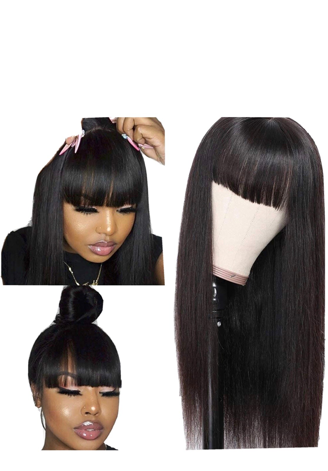 SPOTLIGHT Straight Human Hair Wigs With Bangs 130% Density None Lace Front Wigs
