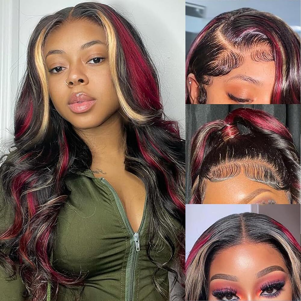 Ombre Red With Blonde Highlights Body Wave Glueless Wigs Human Hair Burgundy Red