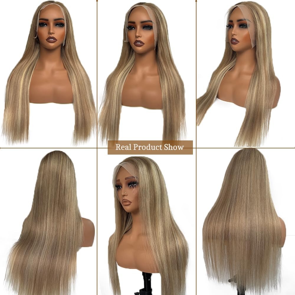 20″ Ombre Lace Front Wig Human Hair, Ash Brown to Blonde, Pre-Plucked, 180% Dens