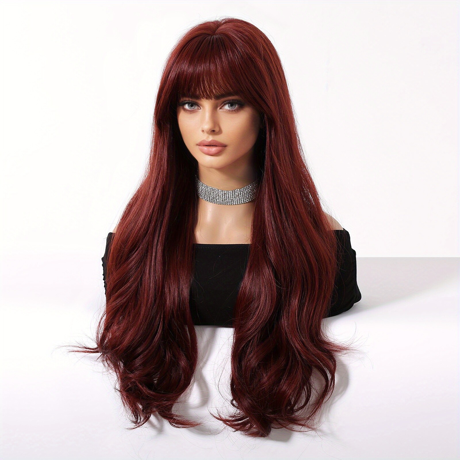 28 Inch Burgundy Wig with Bangs Women’s Long Wavy Wig Holiday Accessories