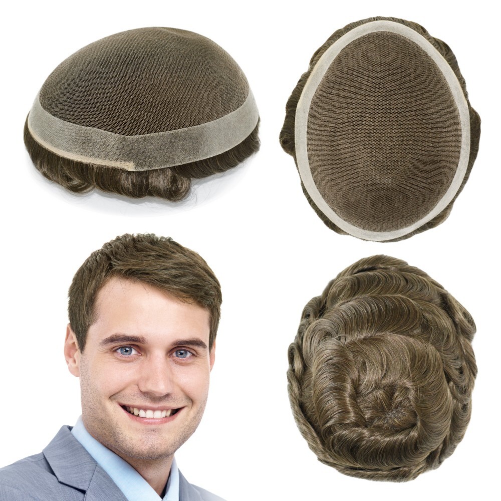 Mens Toupee French Lace Human Hair Replacement Poly System Brown Hair Pieces #6